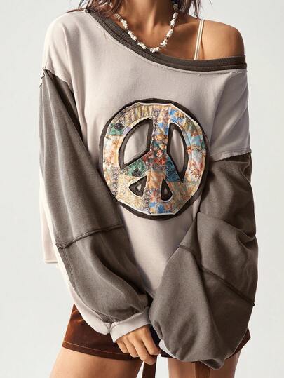 Bohemela Plus Size Casual Retro Color Block Patchwork Sweatshirt