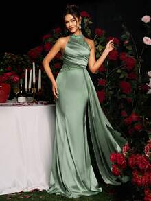 Coutiva Women Elegant Sequin Splice Halter Evening Party Dress, Wedding Guest Dress Music Festival Spring/Summer, Formal Dress, Gown - Green - View 7