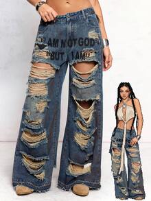 ROMWE J-Fashion Quần jean nữ dáng rộng in họa tiết graffiti cỡ lớn - Nhiều màu - Xem 8