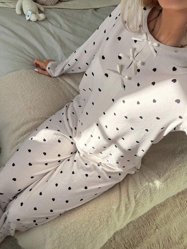 Women's Sweet Heart Print Bow Decor Collar Pajama Set