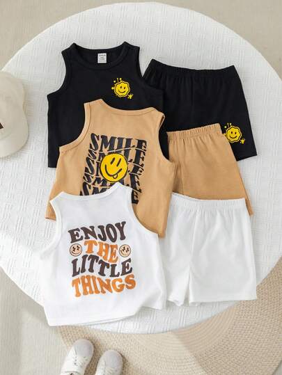 SHEIN 3pcs/Set Unisex Baby Boy/Girl Casual Cute Face & Slogan Print Sleeveless Knit Tank Top And Shorts Set, Spring/Summer Baby Clothes Outfits