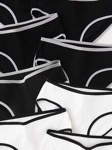 8pcs/Pack Tween Girls' Minimalist Fashion Contrast Trim Thin Mid-Rise Shaping Panties - Black and White - View 3