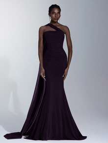 Elitara Elegant Brown Strapless High Stretch Glossy Mesh Ruched Fishtail Asymmetric Shoulder Hanging Flounce Dress, Suitable For Dates, Weddings, Events, Bridesmaid - Purple - View 1