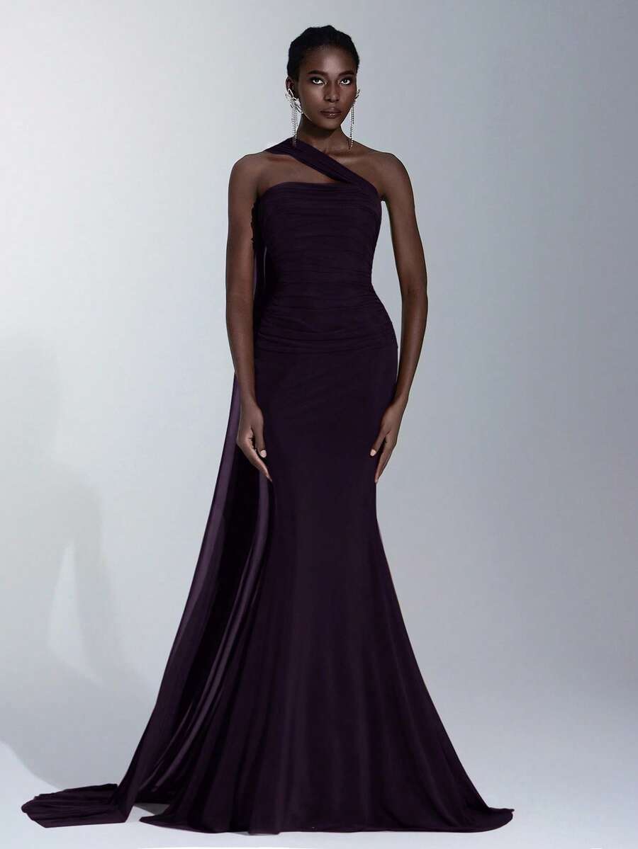 Elitara Elegant Brown Strapless High Stretch Glossy Mesh Ruched Fishtail Asymmetric Shoulder Hanging Flounce Dress, Suitable For Dates, Weddings, Events, Bridesmaid - Purple - View 1