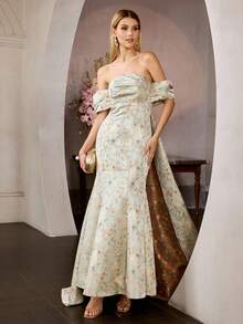 MOTF PREMIUM WOMEN'S JACQUARD OFF-SHOULDER MERMAID HEM LONG DRESS - Multicolor - View 6