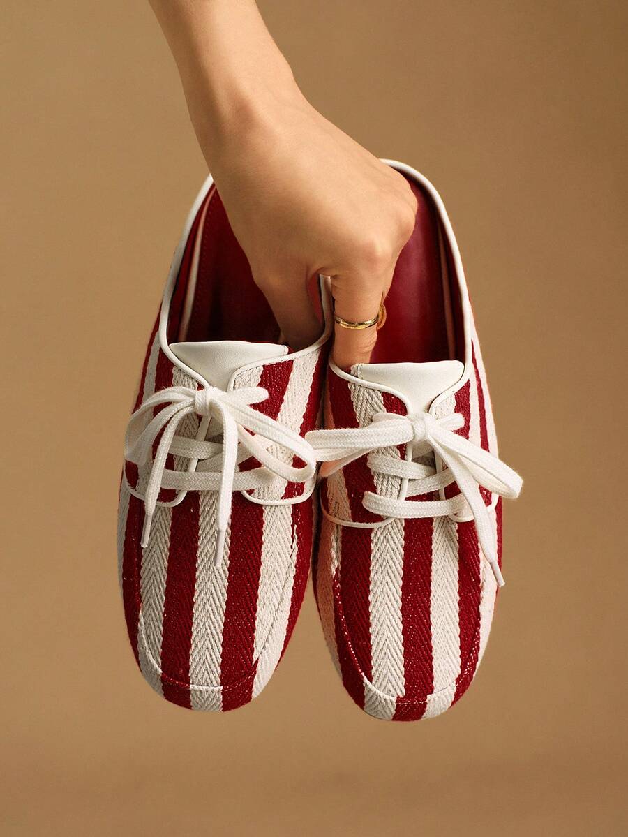 Rosivie Women's Striped Lace-Up Design Casual Slip-On Flat Mules Valentine's Day - Red - View 1