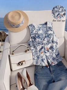 Franclia 女士全印花V领系带无袖优雅薄款西装外套 - 藍白色 - 查看 7