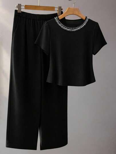 GlowEve CURVE 2 st Plus Size Dam Elegant Pärlprydd Enfärgad Skjorta Och Byxor Set