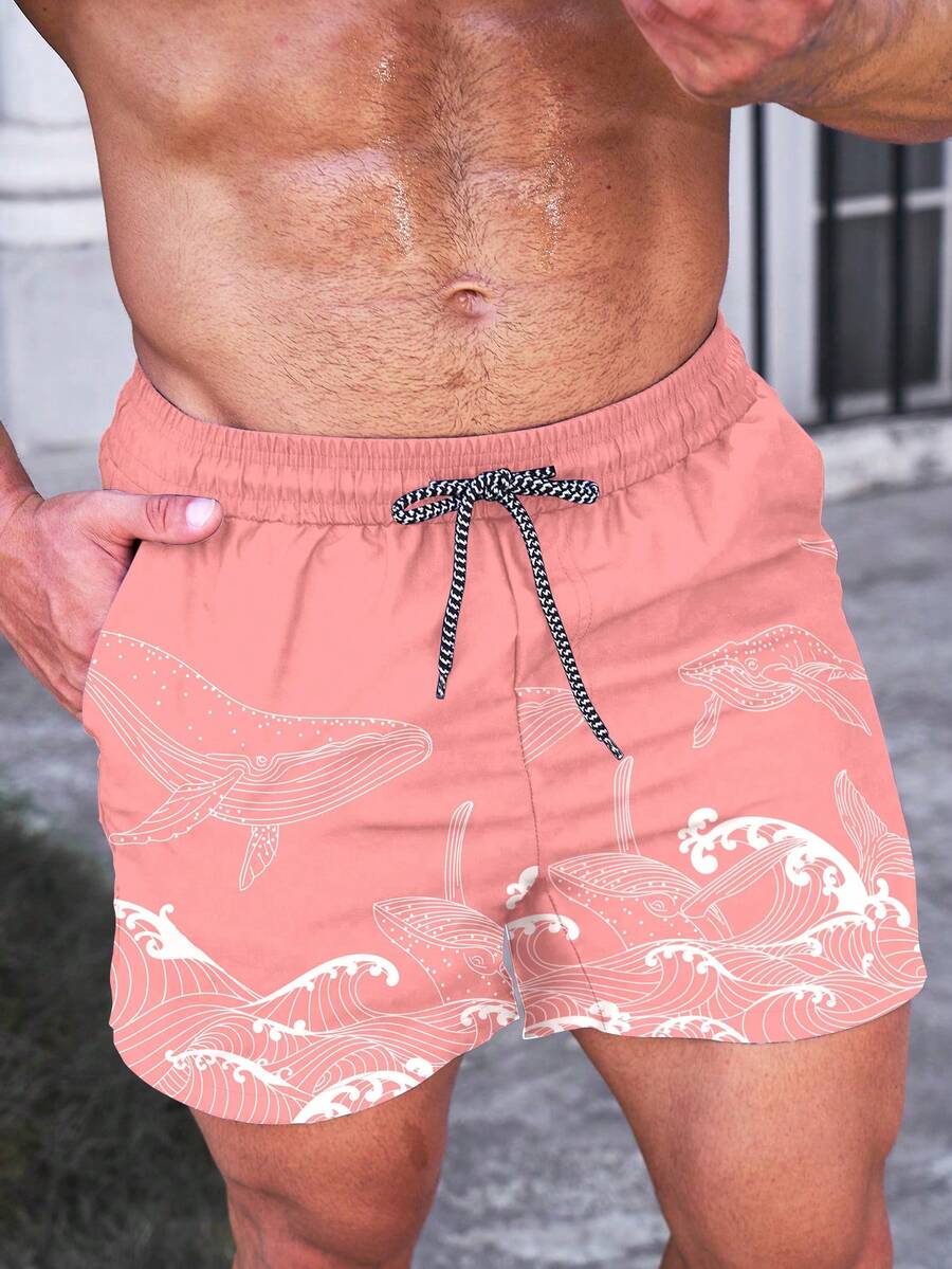 Manfinity Swimmode Men's All-Over Print Slant Pocket Drawstring Waist Casual Vacation Beach Shorts