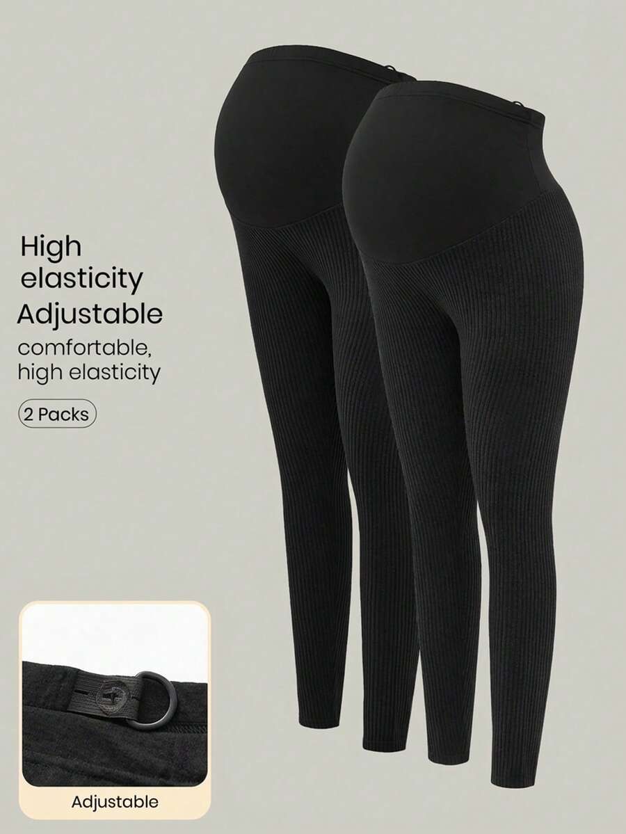 Modmama 2条装孕妇纯色基础款针织打底裤，休闲日常穿着 - 黑色 - 查看 1