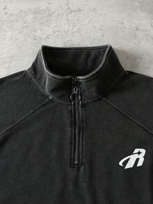ROMWE MEN Essentials Men's Vintage Letter Print Zip-Up Half Placket Washed Pullover Pullover Sweatshirt - Black - View 2
