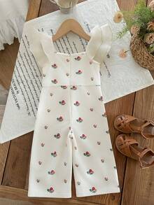 SHEIN LMoss Kids LMoss 嬰兒女童針織花卉拼接荷葉領休閒連身褲 短袖連身褲 櫻桃造型套裝 - 彩色 - 查看 2