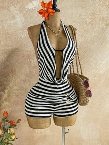 Soleia Trang phục dự tiệc cưới phong cách miền Tây thường ngày, trang phục tốt nghiệp, tiệc brunch, trang phục nữ ngày lễ Thánh Patrick, kỳ nghỉ xuân, lễ Phục sinh, lễ hội âm nhạc, bộ jumpsuit thanh lịch phong cách Bohemian nhiệt đới, cổ yếm hở lưng, đính hạt kim loại, chất liệu dệt kim loại. - Nhiều màu - Xem 6