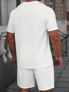 Manfinity CasualCool Men's Letter Print Crew Neck Short Sleeve Casual T-Shirt And Drawstring Waist Shorts Set - White - View 2