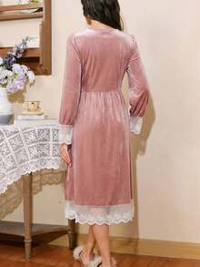 Elegant French Lace Long Sleeve Nightgown, Charming Women's Sleepwear, Autumn - Baby Pink - View 2