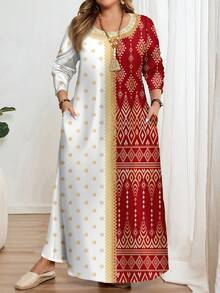 EMERY ROSE Đầm nữ dáng rộng, thanh lịch, in họa tiết cổ điển, tay dài, cổ tròn, màu trắng và đỏ, thích hợp cho mùa xuân, kiểu Abaya truyền thống Ả Rập, phù hợp cho mặc hàng ngày, lễ hội, đi chơi vào mùa xuân/hè, đầm maxi tay dài duyên dáng kiểu Ả Rập. - Nhiều màu - Xem 1
