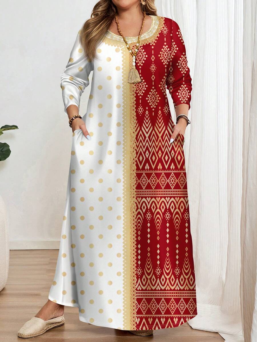 EMERY ROSE Đầm nữ dáng rộng, thanh lịch, in họa tiết cổ điển, tay dài, cổ tròn, màu trắng và đỏ, thích hợp cho mùa xuân, kiểu Abaya truyền thống Ả Rập, phù hợp cho mặc hàng ngày, lễ hội, đi chơi vào mùa xuân/hè, đầm maxi tay dài duyên dáng kiểu Ả Rập. - Nhiều màu - Xem 1