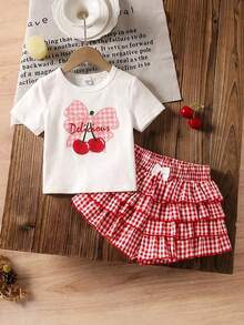 SHEIN LMoss Kids 2pcs/Set Young Girl Cherry Print Knit Top And Woven Plaid Skirt Outfit - Multicolor - View 5