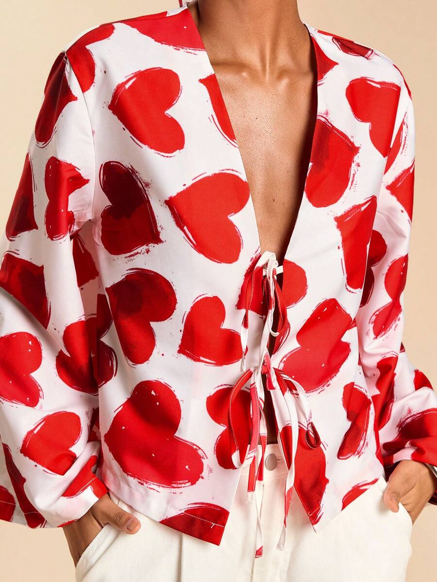 Travachic Women Boho Red White Heart Print Shawl Collar Long Sleeve Knot Front Blouse - Red and White - View 1