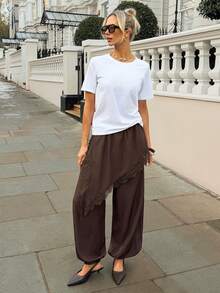 Siren Gaze New Spring Style Brown Faux Two-Piece Culottes For Women, Asymmetrical Lace-Trimmed Lantern Pants, Fashionable Travel Wear, Casual Trousers. Summer