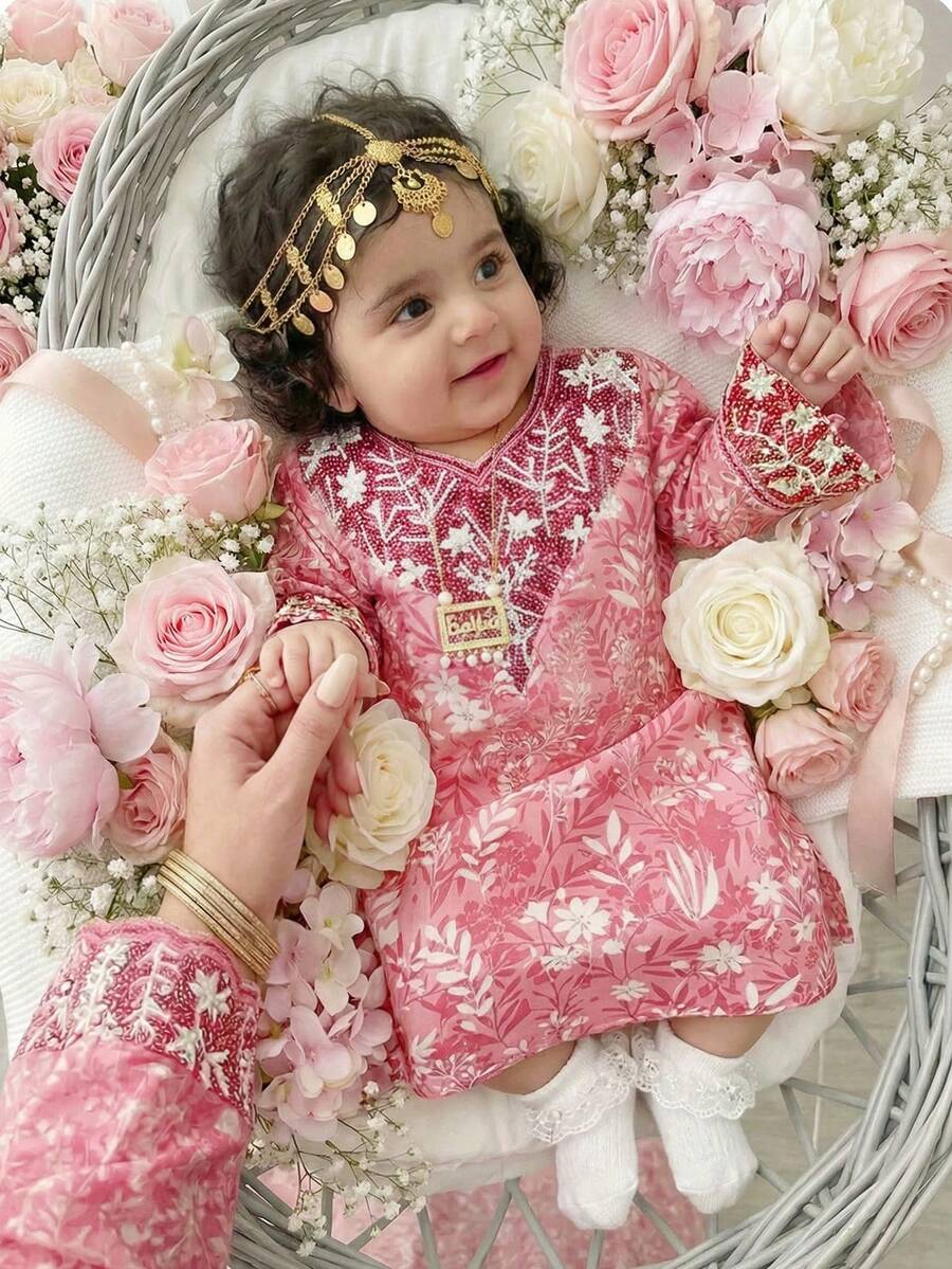 Pink Floral Baby Girls Elegant Muslim Jalabiya,Autumn Prayer Abaya,Modest Kaftan Dress For Party & Casual Wear,Spring & Summer Minimalist Jalabiya - Multicolor - View 1