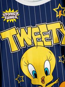 LOONEY TUNES X SHEIN 大码条纹字母卡通图案圆领短袖T恤 - 白色 - 查看 3