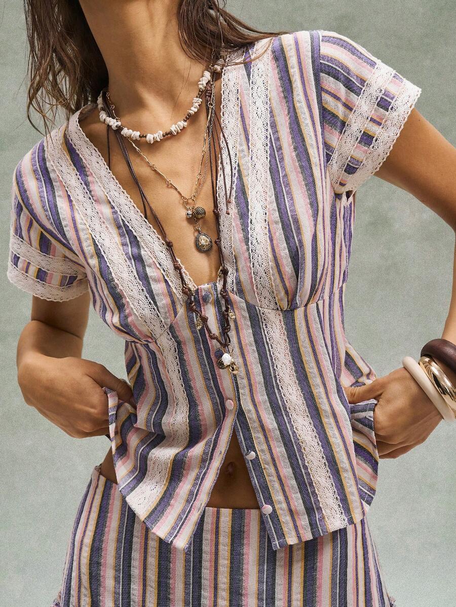 Bohemela Casual Woven Striped Short Sleeve V-Neck Fitted Women Shirt - Multicolor - View 1