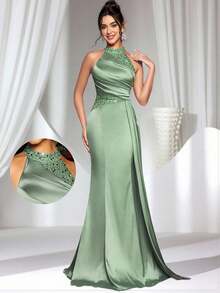 Coutiva Women Elegant Sequin Splice Halter Evening Party Dress, Wedding Guest Dress Music Festival Spring/Summer, Formal Dress, Gown - Green - View 2