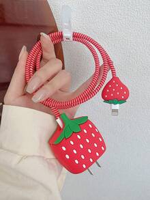 4pcs Red Cartoon Cute Strawberry & Apple Phone Charger Protective Shell, Data Cable Protector, Connector Case Compatible With Apple 18/20W Charger And Data Cable, Tangle-Free Storage, Anti-Collision, Scratch And Dirt Resistance Protection - Red - View 6