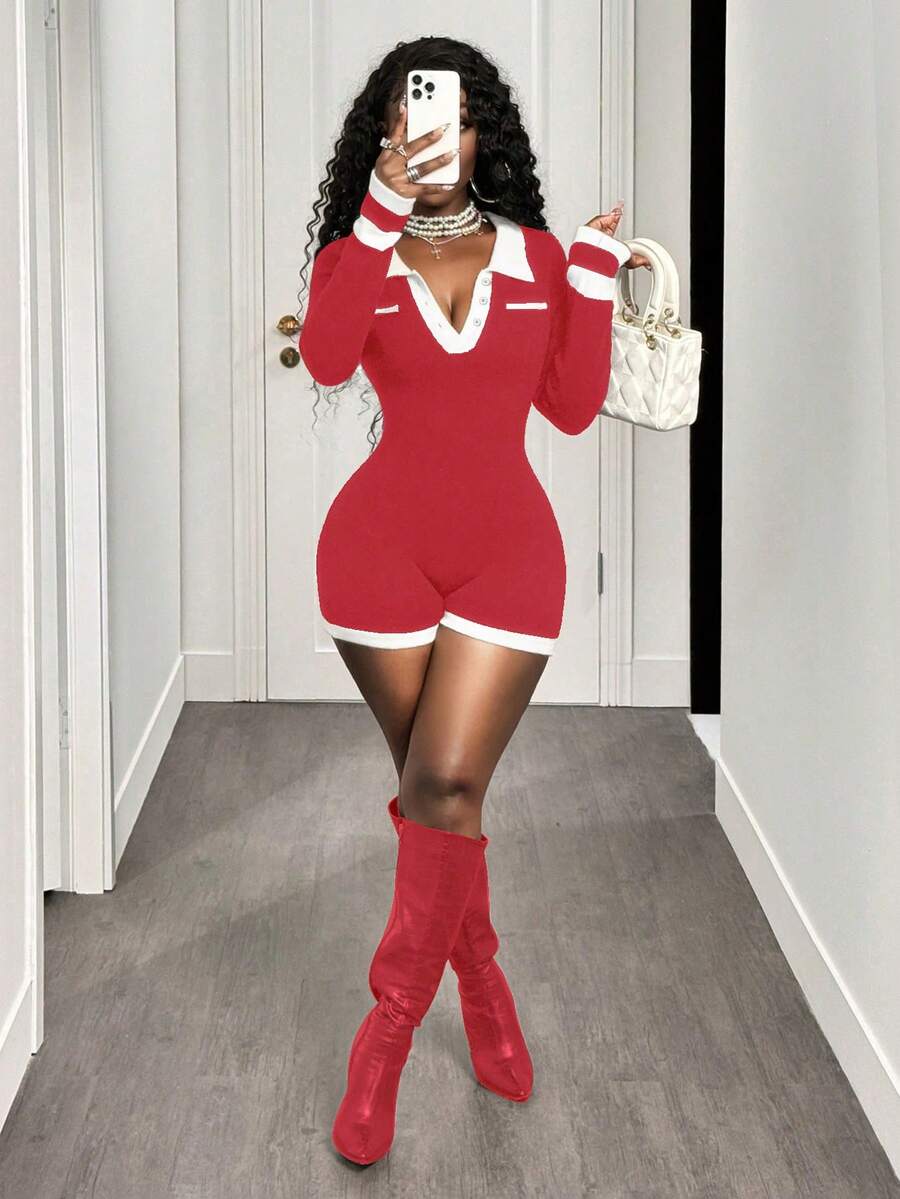BamGleam Romper Wanita Model Terbaru Musim Gugur dengan Kerah Warna Kontras - Merah - View 1