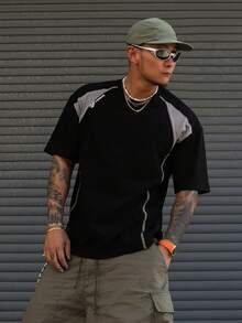 DAZY Maglietta sportiva da uomo con maniche a raglan e design in tessuto patchwork, estiva - nero - Visualizzare 3