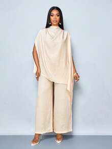 SOLERSUN 女士优雅时尚纯色高领蝙蝠袖亚麻棉混纺面料不对称下摆上衣搭配直筒长裤套装，春夏女装，休闲度假及海滩装扮的完美之选。 - 杏色 - 查看 7