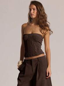 MUSERA 带钢骨拉链无肩带麂皮紧身胸衣上装，适合冬季休闲外出、性感日常、夜间外出、可爱节日、派对、春夏庆典等场合。 - 棕色 - 查看 3