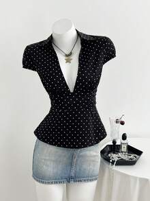 Elamini Women's Black Polka Dot V-Neck Puff Sleeve Blouse, Versatile For Commuting And Daily Wear - Black - View 5