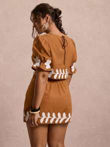 Freevana 大码度假休闲撞色印花衬衫和半裙两件套 - 棕色 - 查看 2