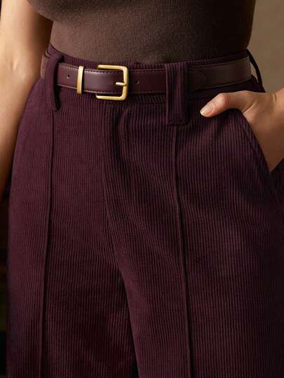 Anewsta Elegant Vintage Commute & Date High Waist Pleated Wide Leg Solid Color Corduroy Pants For Women, Autumn/Winter