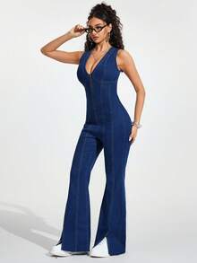 Jeanoix 女士深V领拉链前开衩下摆性感无袖牛仔连体裤 - 中等水洗藍 - 查看 4