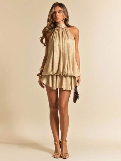 SHEIN BAE Gold Textured Backless Elegant Mini Dress, Gold Dress, Sexy Summer Dress, Suitable For Nightclub Party, Going Out, Summer Outfit, Old Money, Brunch Dress, Wedding Guest Attire, Bridesmaid Dress, Graceful Dress, Vacation Beach Dress