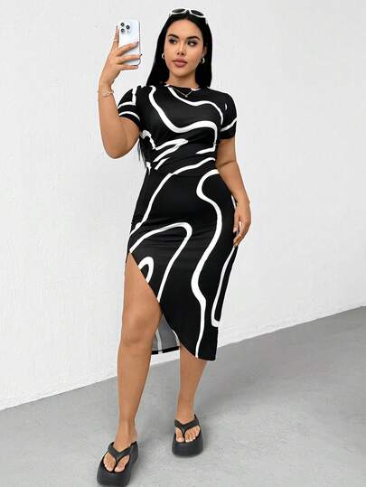 Shapeblank Plus-Size Women's Spring/Summer Fashionable Casual High-Elasticity Comfortable Everyday Black And White Geometric Print Short-Sleeved Slim-Fit Dress,Summer Outfits,Bodycon,Curve Dress,Vacation Clothes