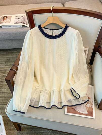 GlowEve CURVE Plus Size Women's Fashion Casual H-Silhouette Embroidered Round Neck Long Sleeve Blouse, Elegant For Work, Spring/Summer