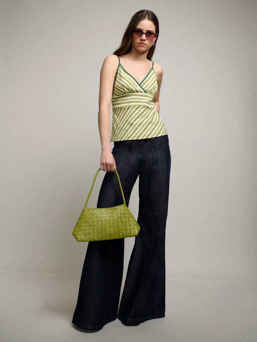 Nöista Striped Fitted Tank Top With Contrast Bindings. Crossed Neckline And Hortizontal Pannel Under Chest. Green Stripes. Spring Summer Casual Outfit.