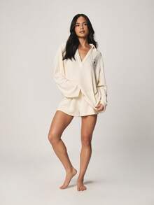Missguided x Playboy Ribbed Lounge Set With Hoodie And Matching Shorts Casual Comfort Coordinated Two Piece Outfit For Relaxing Weekend Loungewear - Apricot - View 3