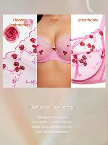 LUVLETTE Plus Valentine's Day Pink Rose Embroidered Elegance Lingerie Lounge Curve Full Coverage Breathable Sexy Unlined Pink Floral Lace Sheer Minimizer Mesh Bra GiftsBra - Pink - View 10