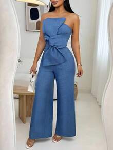 Vavine 1 Set Women Bow Tie Strap Fitted Top And Straight Textured Elastic Waist Casual Pants - Blue - View 8