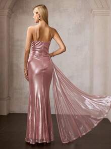 MOTF Soiréza VESTIDO ELEGANTE DE MUJER CON TIRANTES FINOS TIPO MAXI DE MALLA BRILLANTE - DRAPEADO ASIMÉTRICO EN EL COSTADO Y CORTE SIRENA AJUSTADO CON CREMALLERA TRASERA | IDEAL PARA FIESTAS, GALAS, AÑO NUEVO Y EVENTOS FORMALES - Rosa - Ver 4