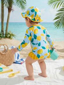Baby Girls' Cute Lemon Print Ruched Zipper Front One-Piece Swimsuit With Adjustable Bow Sun Hat, For Beach Vacation, Spring/Summer/Autumn
