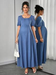 SHEIN Vestido de maternidad elegante y romántico con hombro asimétrico, cintura fruncida y silueta en línea A - Azul - Ver 3