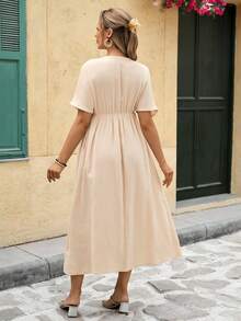 SHEIN Maternity Dress With Embroidered V-Neck, Front Tie Bow, A-Line Hem And Pockets, 100% Cotton Long Dress - Apricot - View 2