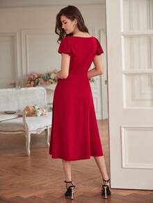 Poéselle Square Neck Butterfly Sleeve Button Front Dress - Burgundy - View 3