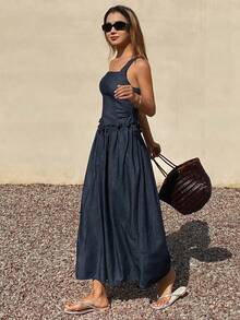 DAZY 女士荷叶边腰带系带休闲牛仔长连衣裙，度假风 - 深色水洗藍 - 查看 3